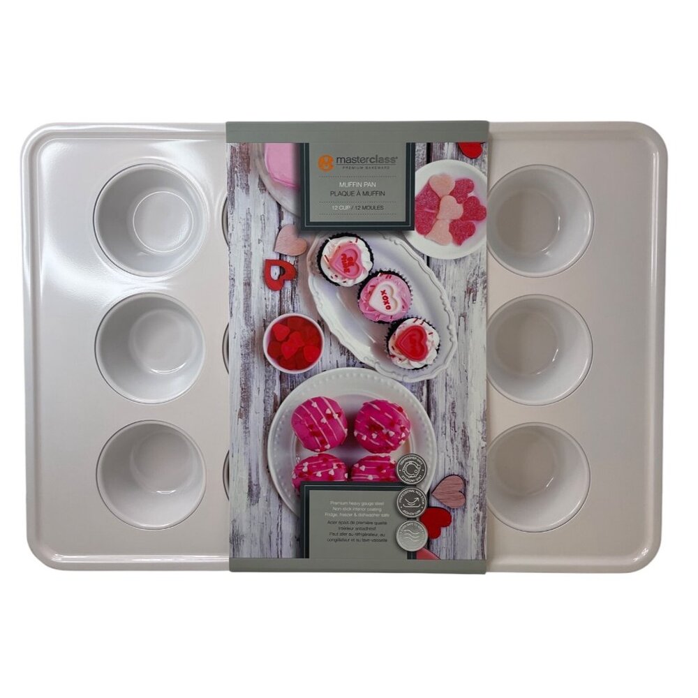 Master Class Muffin/Cup Cake Pan 12 Cup Heavy Gauge Steel Non-Stick Pink